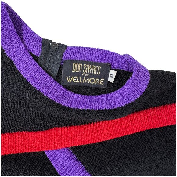 VTG Don Sayres Wool Knit Dress | Colorblock Mod Retro Black Purple Red | Sz 8 - Picture 7 of 9